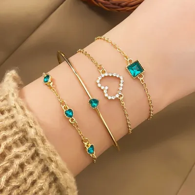 Golden Green Heart Crystal Chain Fashion Bracelet